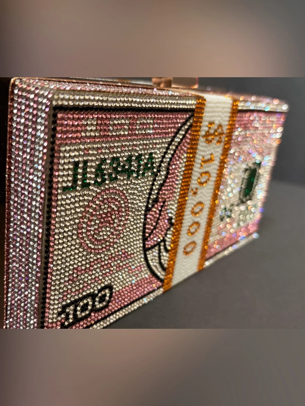 Pink Crystal Money-Print Evening Clutch